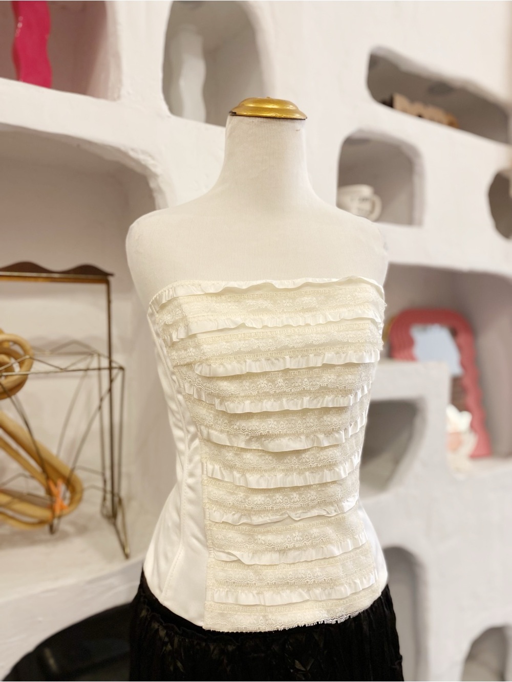 Vintage White Satin Strapless Top with Lace and Satin Ruffles in Front